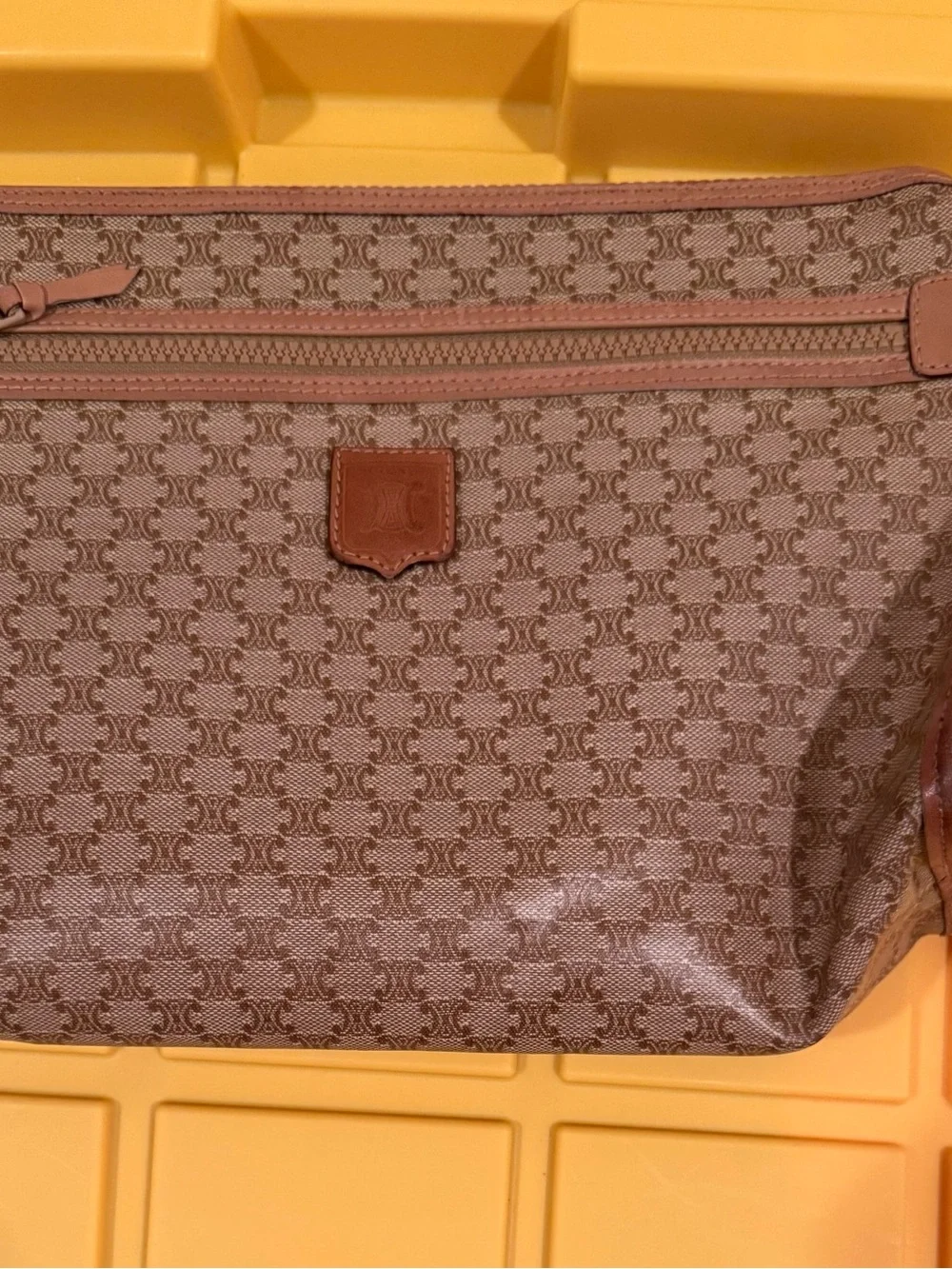 Vintage Celine Brown Large Monogram Cosmetic Pouch Bag COA